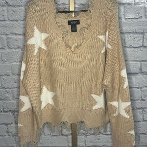 Just Polly large Distressed Star Sweater in Tan and White oversized boho